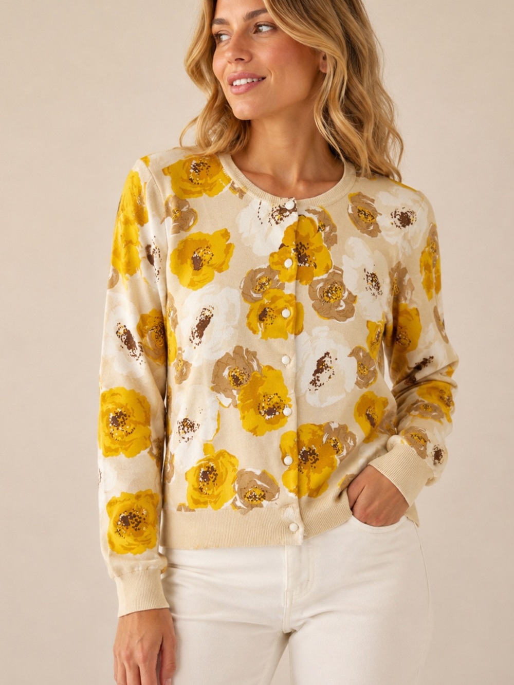 Charter Club Floral Cardigan Sweater Women’s L Yellow Cream Button Front